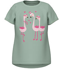 Name It T-shirt - NmfVix - Silt Green m. Flamingoer