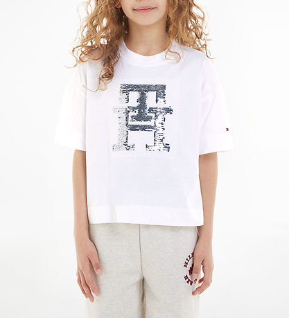 Tommy Hilfiger T-shirt - Monogram Sequins - White m. Palietter