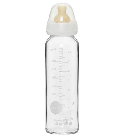 Hevea Sutteflaske - 240 ml - Glas/Naturgummi - Hvid