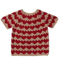 Maileg Julesweater til Nissepige - str.6 - Beige/Røde Hjerter