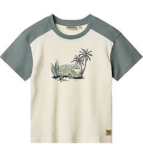 Wheat T-shirt - Hector - Ivory/Støvet Grøn m. Print