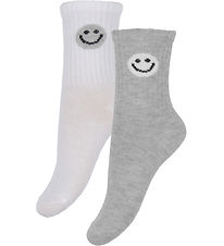 Minymo Strømper - 2-Pak - Gråmeleret/Hvid m. Smiley
