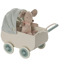 Maileg Miniature Dukkevogn m. Baby Mus - Mus - Mint