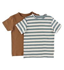 Minymo T-shirt - 2-pak - Hvid/Grønstribet/Toffee