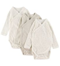 Petit Bateau Slå-om Bodyer l/æ - 3-pak - Hvid/Gråmeleret m. Stje