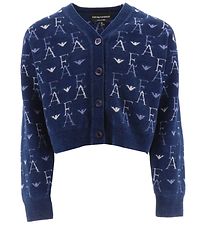 Emporio Armani Cardigan - Cropped - Strik - Bl med Logoer