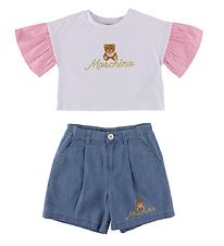 Moschino T-Shirt/Denimshorts - Hvid/Bl m. Logo/Guld