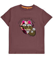 The New T-shirt - TnHiba - Rose Brown m. Mund/Pailletter
