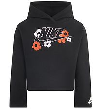 Nike Hættetrøje - Cropped - Sort m. Blomster
