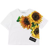 Dolce & Gabbana T-shirt - Hvid m. Solsikker/Krystaller