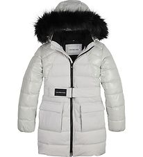 Calvin Klein Dynefrakke - Mixed Media Belted Puffer - Stone Grey Calvin Klein Dynefrakke - Mixed Media Belted Puffer - Stone Grey