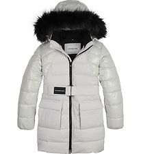 Calvin Klein Dynefrakke - Mixed Media Belted Puffer - Stone Grey