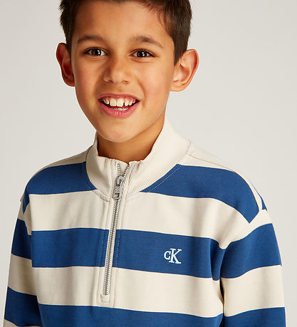 Calvin Klein Sweatshirt - Terry Striped Half-Zip - Ensign Blue/T