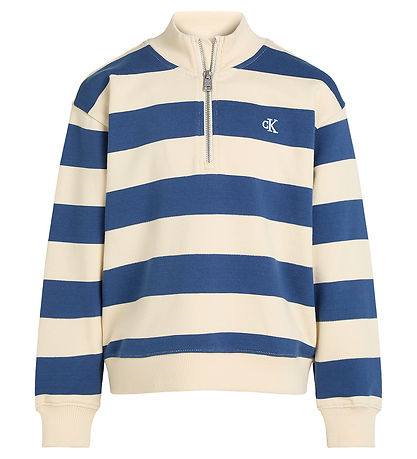 Calvin Klein Sweatshirt - Terry Striped Half-Zip - Ensign Blue/T