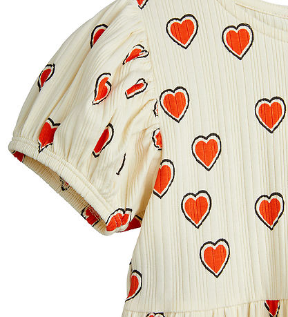 Mini Rodini Kjole - Rib - Offwhite m. Hjerter