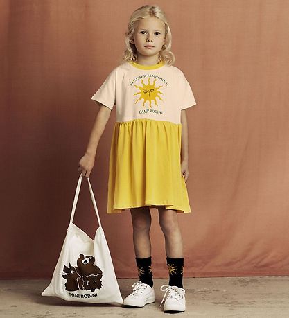 Mini Rodini Kjole - Gul/Offwhite m. Sol