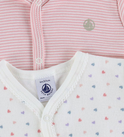 Petit Bateau Natdragt - 2-pak - Hvid/Rosa m. Hjerter/Striber