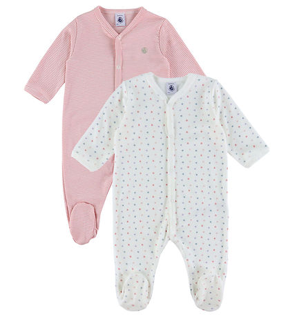 Petit Bateau Natdragt - 2-pak - Hvid/Rosa m. Hjerter/Striber