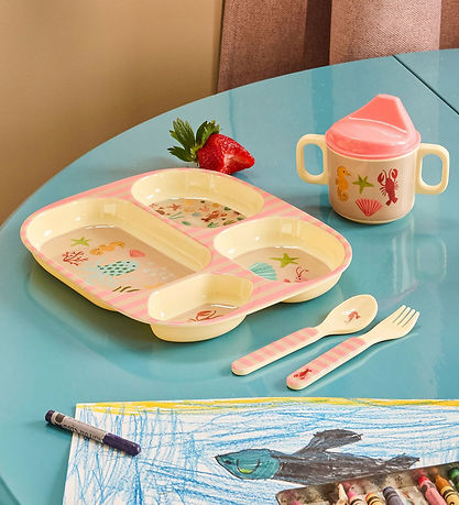 Rice Spisesæt - Melamin - 4 Dele - Ocean Print - Koral