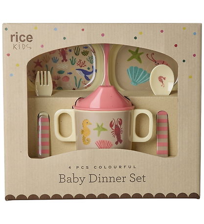 Rice Spisesæt - Melamin - 4 Dele - Ocean Print - Koral