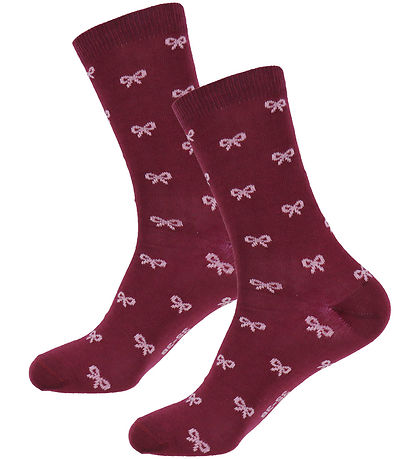 Fuzzies Strømper - 2-Pak - Burgundy m. Lyserøde Sløjfer