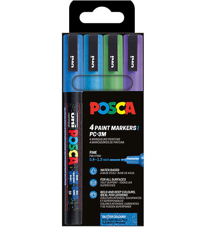 Posca Tuscher - PC-3M - 4 stk. - Blå/Grøn/Lilla m. Glimmer
