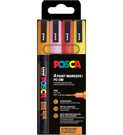 Posca Tuscher - PC-3M - 4 stk. - Orange/Rosa/Rød/Gul m. Glimmer