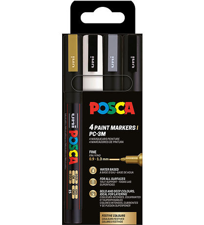 Posca Tuscher - PC-3M - 4 stk. - Guld/Hvid/Sølv/Sort