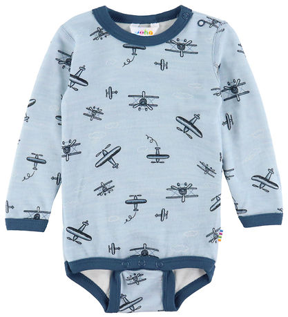 Joha Body l/æ - Uld/Bambus - Lyseblå m. Flyvemaskiner