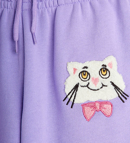 Mini Rodini Sweatpants - Cat With Bowtie Chenille - Purple