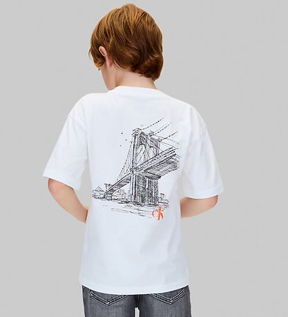 Calvin Klein T-shirt - City Scene - Bright White m. Orange
