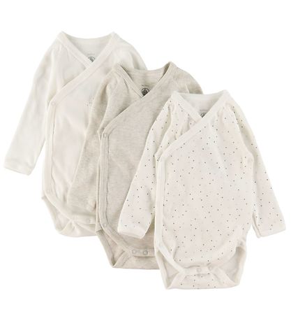 Petit Bateau Slå-om Bodyer l/æ - 3-pak - Hvid/Gråmeleret m. Stje