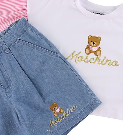 Moschino T-Shirt/Denimshorts - Hvid/Bl m. Logo/Guld
