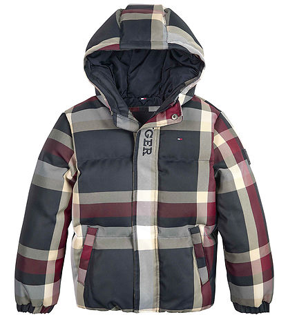 Tommy Hilfiger Dynejakke - Global Stripe Check - Rd/Hvid/Navyte