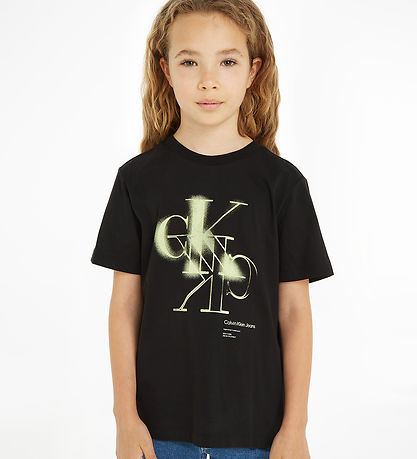 Calvin Klein T-shirt - Spray CK Monogram - Sort m. Neongul