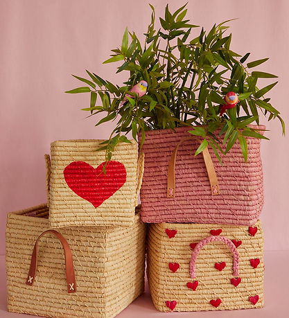 Rice Opbevaringskurv - Raffia - 30x30x25 cm - Natur m. Hjerter