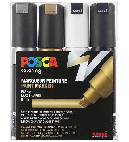 Posca Tuscher - PC-8K - 4 stk. - Sort/Hvid/Metallisk