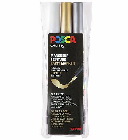 Posca Tuscher m. Penselspids - PCF-350 - 3 stk - Slv/Guld/Hvid