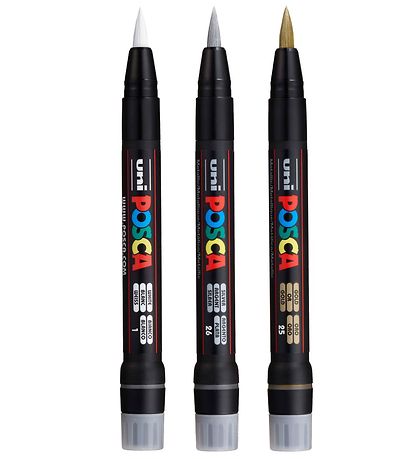 Posca Tuscher m. Penselspids - PCF-350 - 3 stk - Slv/Guld/Hvid