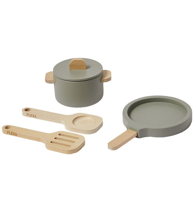 Flexa Play Køkkensæt Gryde Og Pande Greenish/naturalwood