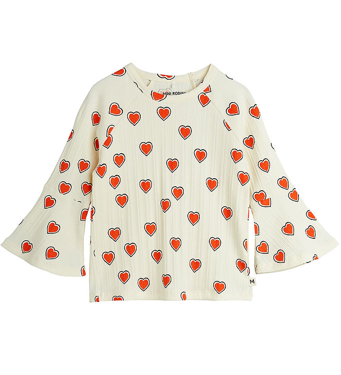 Mini Rodini Bluse – Rib – Offwhite m. Hjerter