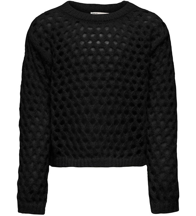 Kids Only Bluse - Cropped - KogBillie - Strik - Sort m. Hulmønst