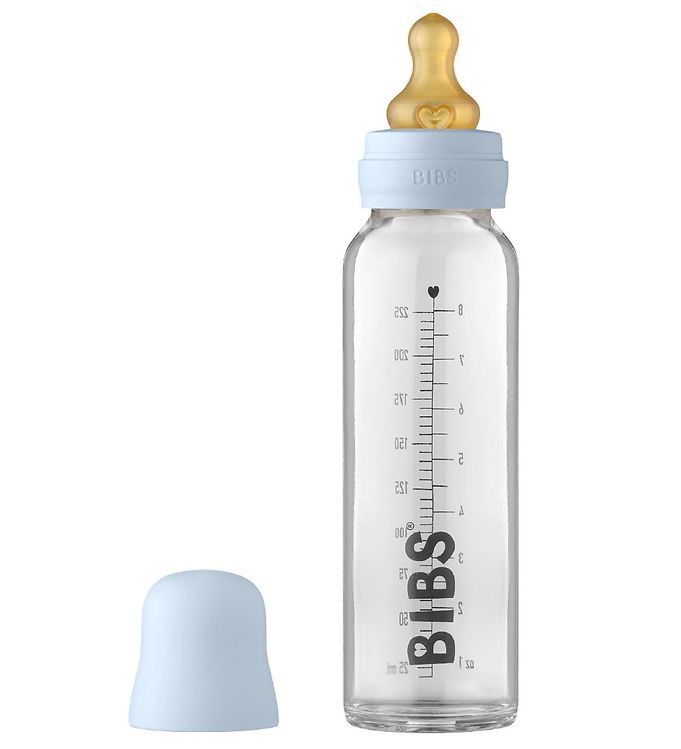 Bibs Sutteflaske - Glas - 225 ml - Naturgummi - Baby Blue