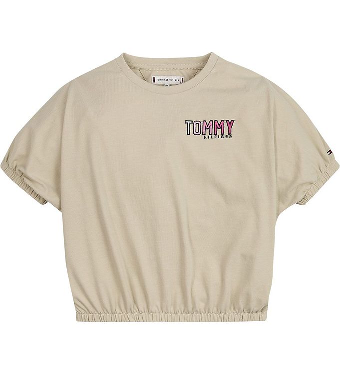 Image of Tommy Hilfiger T-shirt - Cropped - Tommy Embro - Savannah Sand - 14 år (164) - Tommy Hilfiger T-Shirt (268908-3507587)