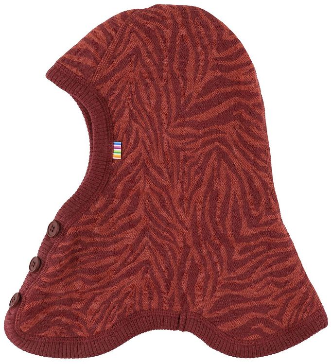 Elefanthue med knapper mørkerød uld og zebra striber