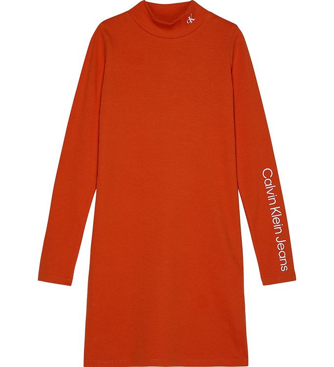 Calvin Klein Kjole - Rib - Mock Neck - Coral Orange