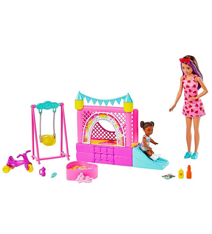 Barbie Dukkesæt – Som Babysitter – Hoppeborg Og Gyngestativ