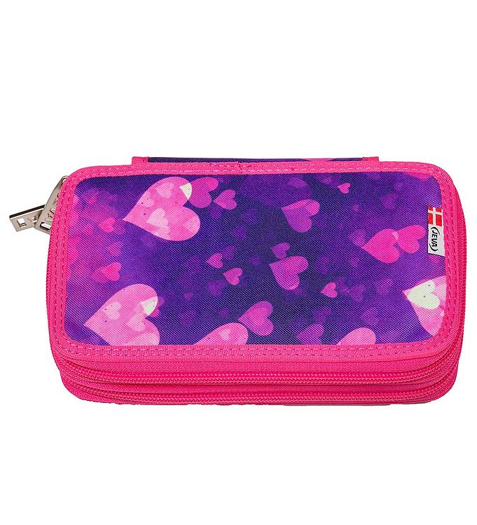 Jeva - Penalhus Med Indhold - Twozip - Hjerter - Lilla Pink
