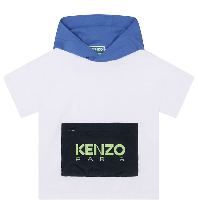 Kenzo T-shirt m. Hætte - Hvid m. Blå/Navy