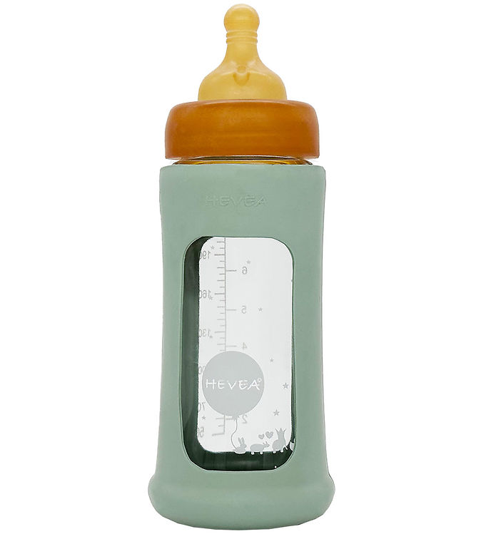 #2 - Hevea Glas Sutteflaske Wide Neck med Sleeve 250 ml, Seafoam Blue - 1 stk.